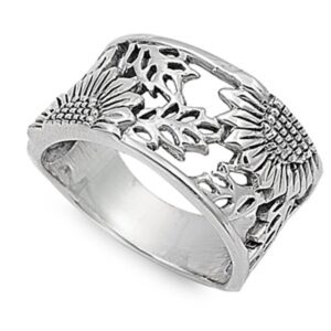 Sterling Silver Women's Sunflower Ring Flower 925 Wide Band 14mm Size 8