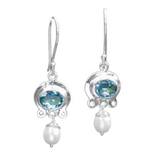 NOVICA Artisan Handcrafted Cultured Freshwater Pearl Blue Topaz Dangle Earrings | Pearl Silver Sterling Sky Fantasy Dangle Earrings | Gemstone Birthstone Themed Earrings Topaz Wedding Bridal Earrings