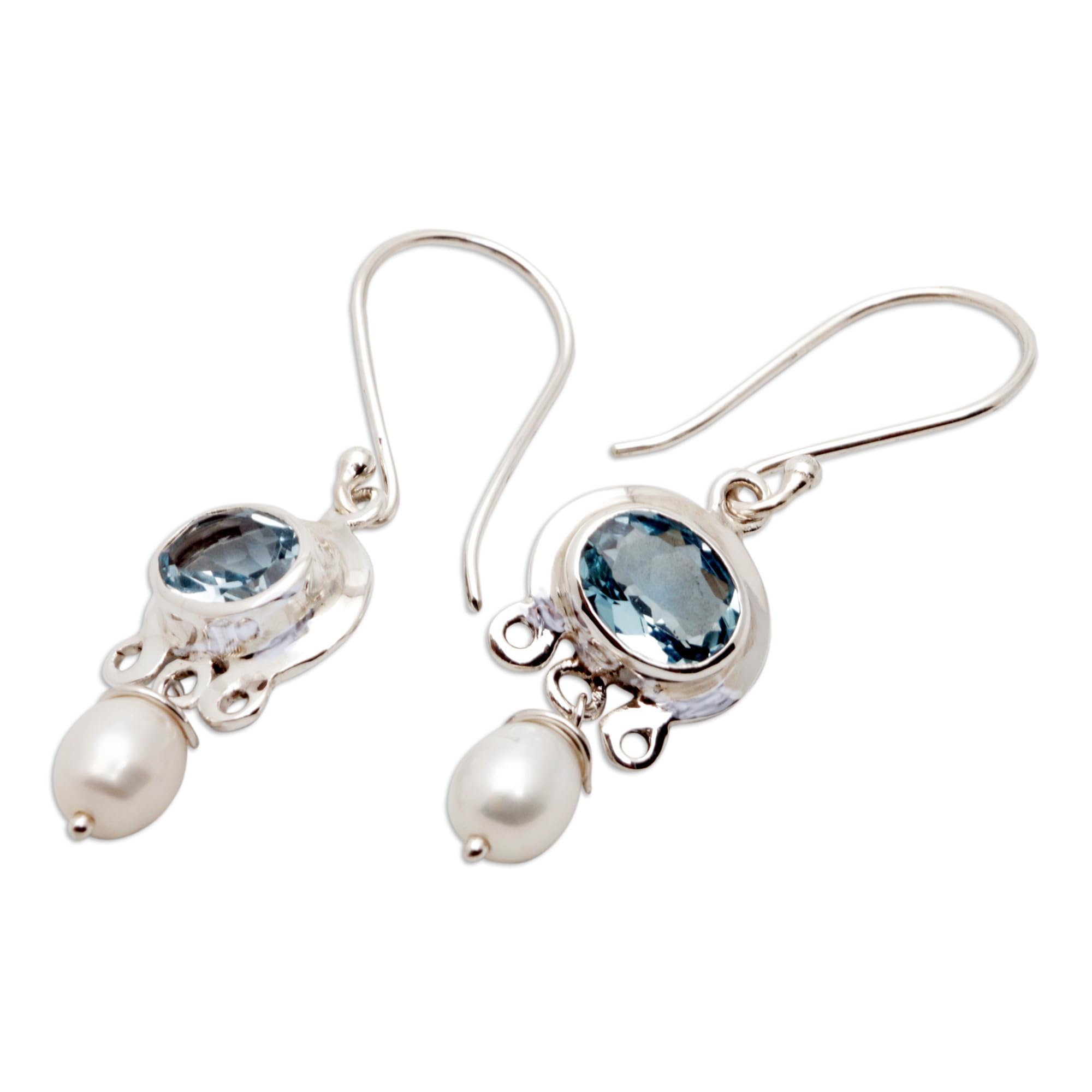 NOVICA Artisan Handcrafted Cultured Freshwater Pearl Blue Topaz Dangle Earrings | Pearl Silver Sterling Sky Fantasy Dangle Earrings | Gemstone Birthstone Themed Earrings Topaz Wedding Bridal Earrings