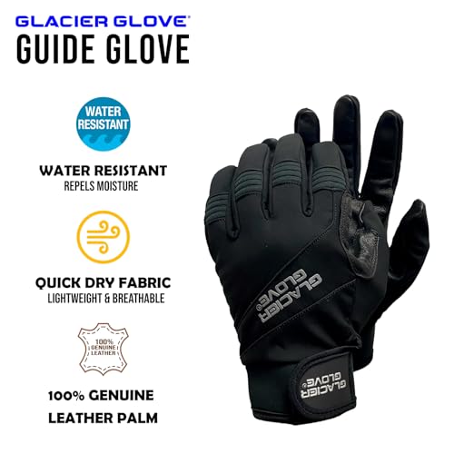 Glacier Glove Unisex Guide Water-Resistant Lightweight Breathable Flexible Adjustable Durable Genuine Leather Palm Hunting Shooting Fishing Safety Glove, Black, Large