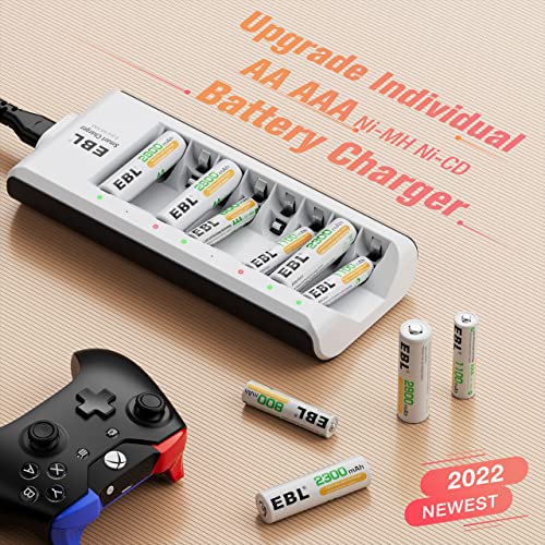 EBL Rechargeable Batteries with Charger, 1.2V NiMH AA Batteries 2800mAh 4Counts & AAA Batteries 1100mAh 4Counts with 8-Bay Smart Battery Charger (Upgraded 808 Charger)