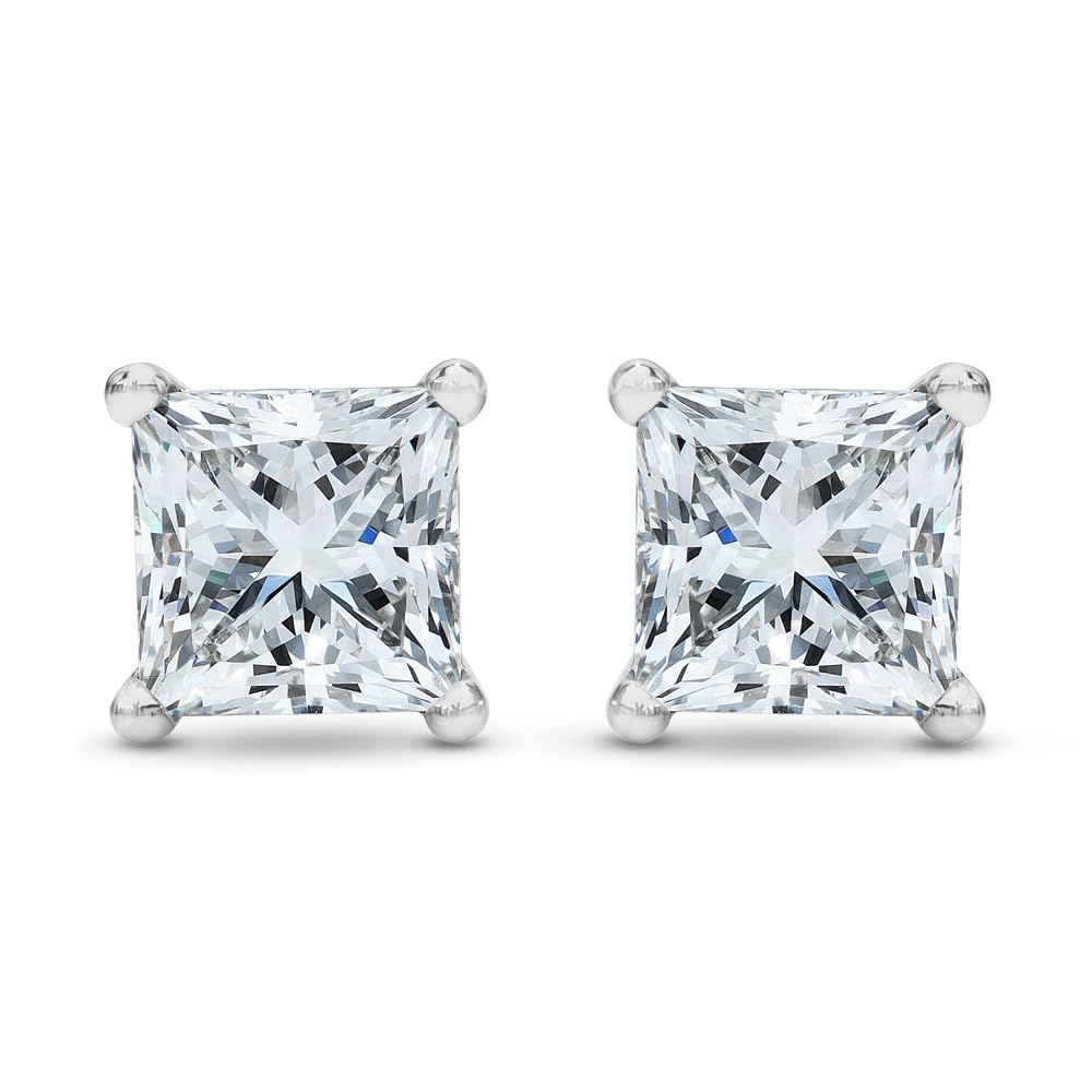 Houston Diamond District 1/2 Carat 14K White Gold Solitaire Stud Earrings Princess Cut 4 Prong Push Back (G-H Color, I1 Clarity)