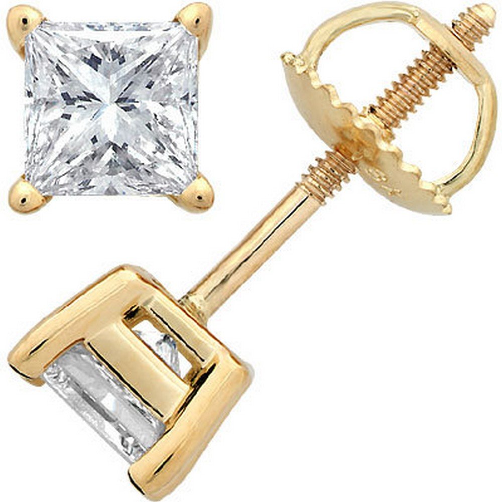 Houston Diamond District 1 Carat 14K Yellow Gold Solitaire Diamond Stud Earrings Princess Cut 4 Prong Screw Back (I-J Color, VS1-VS2 Clarity)