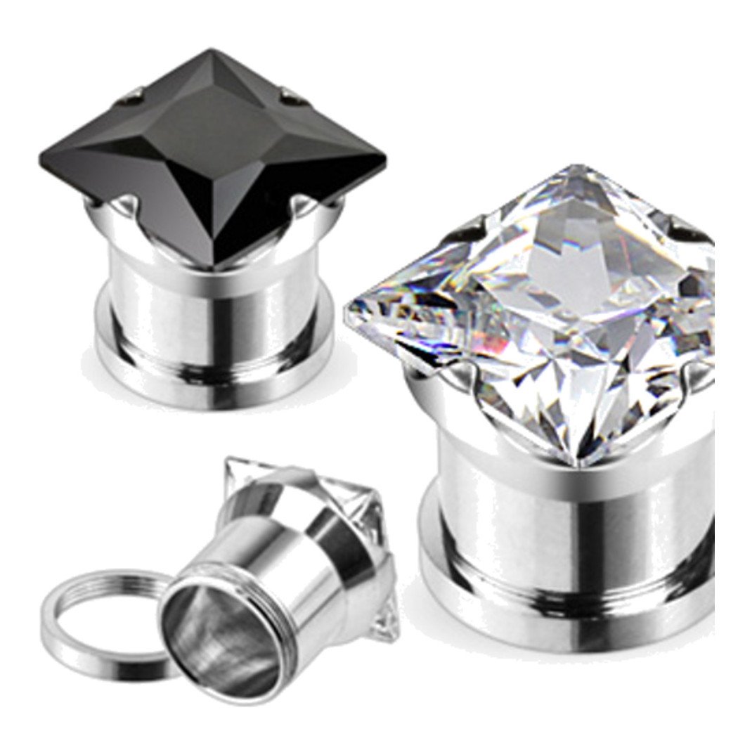 Zaya Body Jewelry PAIR Black Clear Square Gem Screw plugs steel ear tunnels 1/2 00g 0g 2g 4g 6g 8g (4g clear)