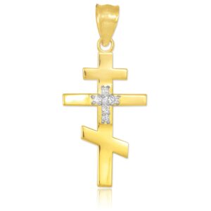 14k Yellow Gold Diamond Studded Orthodox Charm Russian Cross Pendant