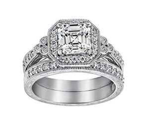 amazon essentials platinum-plated sterling silver antique ring set with asscher-cut infinite elements cubic zirconia, size 7, (previously amazon collection)