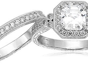 Amazon Essentials Platinum-Plated Sterling Silver Antique Ring set with Asscher-Cut Infinite Elements Cubic Zirconia, Size 7, (previously Amazon Collection)