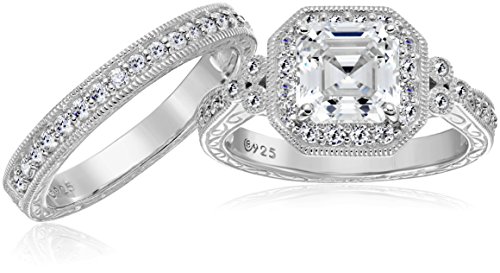 Amazon Essentials Platinum-Plated Sterling Silver Antique Ring set with Asscher-Cut Infinite Elements Cubic Zirconia, Size 7, (previously Amazon Collection)