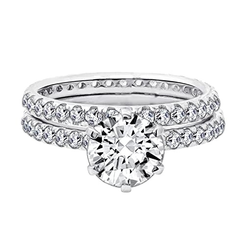 Amazon Essentials Platinum-Plated Sterling Silver Round Ring Set made with Infinite Elements Cubic Zirconia (1 Carat Center Stone), Size 7 (previously Amazon Collection)