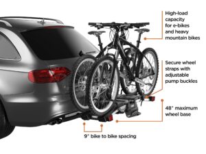 thule easyfold xt 2 hitch bike rack - e-bike compatible - fits 2" and 1, 1/4" receivers - tool-free installation - fully foldable - easy trunk access - fully locking - 130lb load capacity