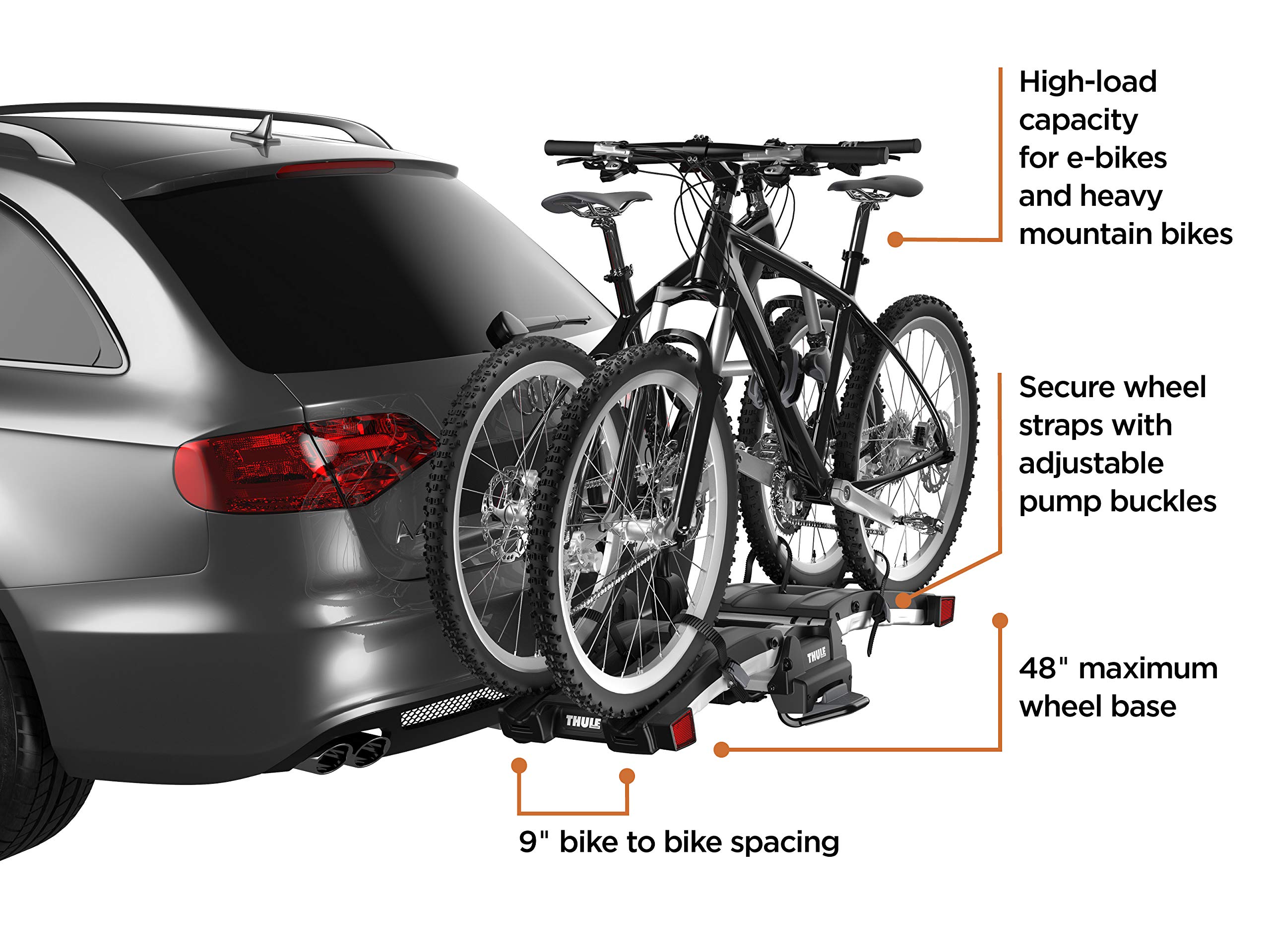 Thule EasyFold XT 2 Hitch Bike Rack - E-Bike Compatible - Fits 2" and 1, 1/4" receivers - Tool-Free Installation - Fully Foldable - Easy Trunk Access - Fully Locking - 130lb Load Capacity