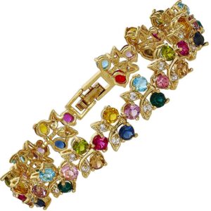 RIZILIA Tennis Bracelet & Round Cut CZ [Multi-color] in Yellow Gold Plated, 7"