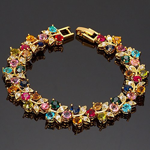 RIZILIA Tennis Bracelet & Round Cut CZ [Multi-color] in Yellow Gold Plated, 7"