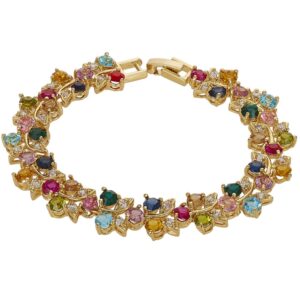 RIZILIA Tennis Bracelet & Round Cut CZ [Multi-color] in Yellow Gold Plated, 7"