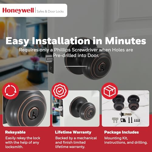 Honeywell Safes & Door Locks - Interior & Exterior Door Knob with Lock & Keys Set - Anti Bump Resistant Front Door Knob for Bedroom & Bathroom - 6.5 x 2.75 x 2.75 in - Oil Rubbed Bronze - 8101401