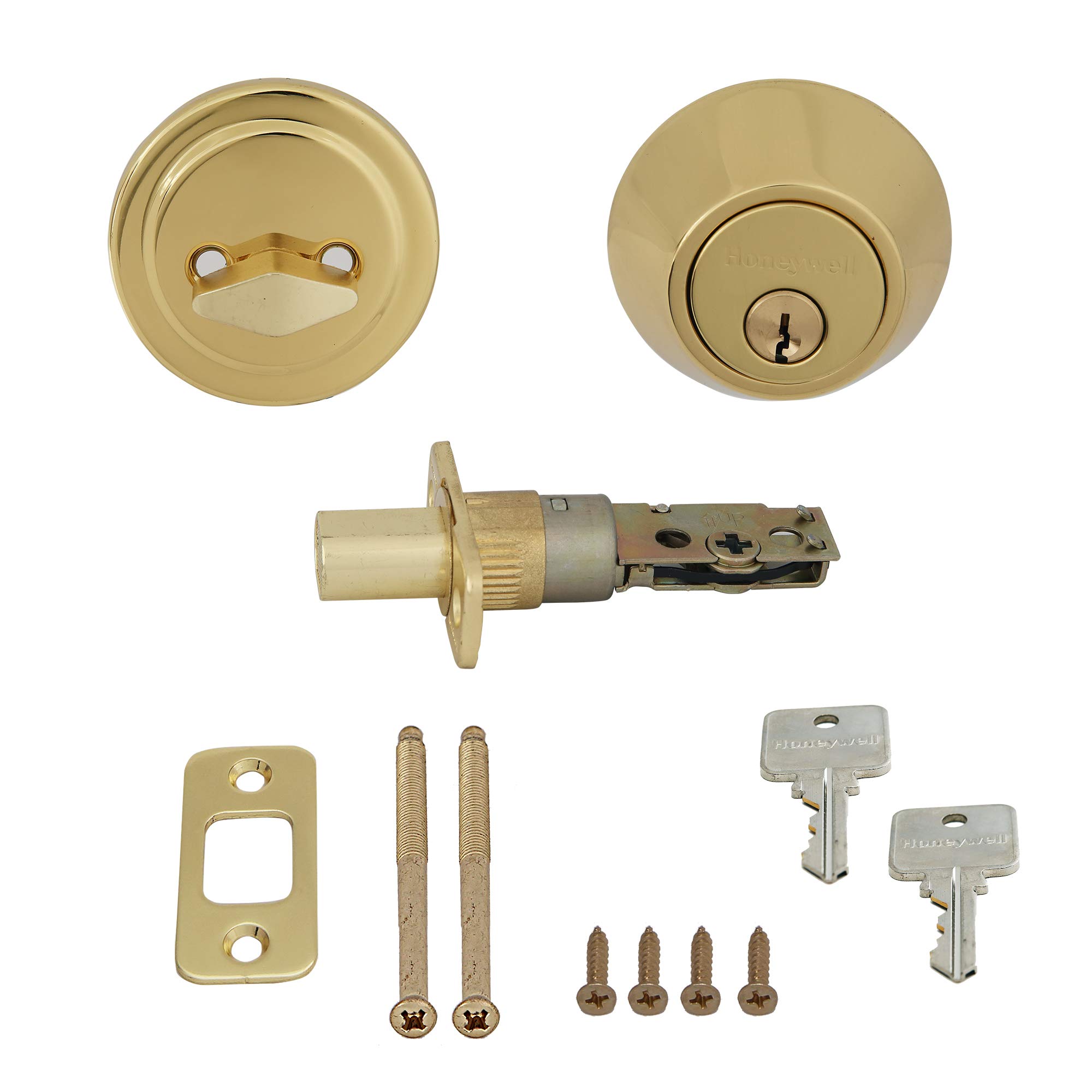 Honeywell Safes & Door Locks - Single Cylinder Front Door Deadbolt Lock Set - Anti-Bump Resistant Dead Bolt Lock for Exterior Doors with 2 Entry Keys - Polished Brass - 3 x 5 x 8.5 in - 8111009