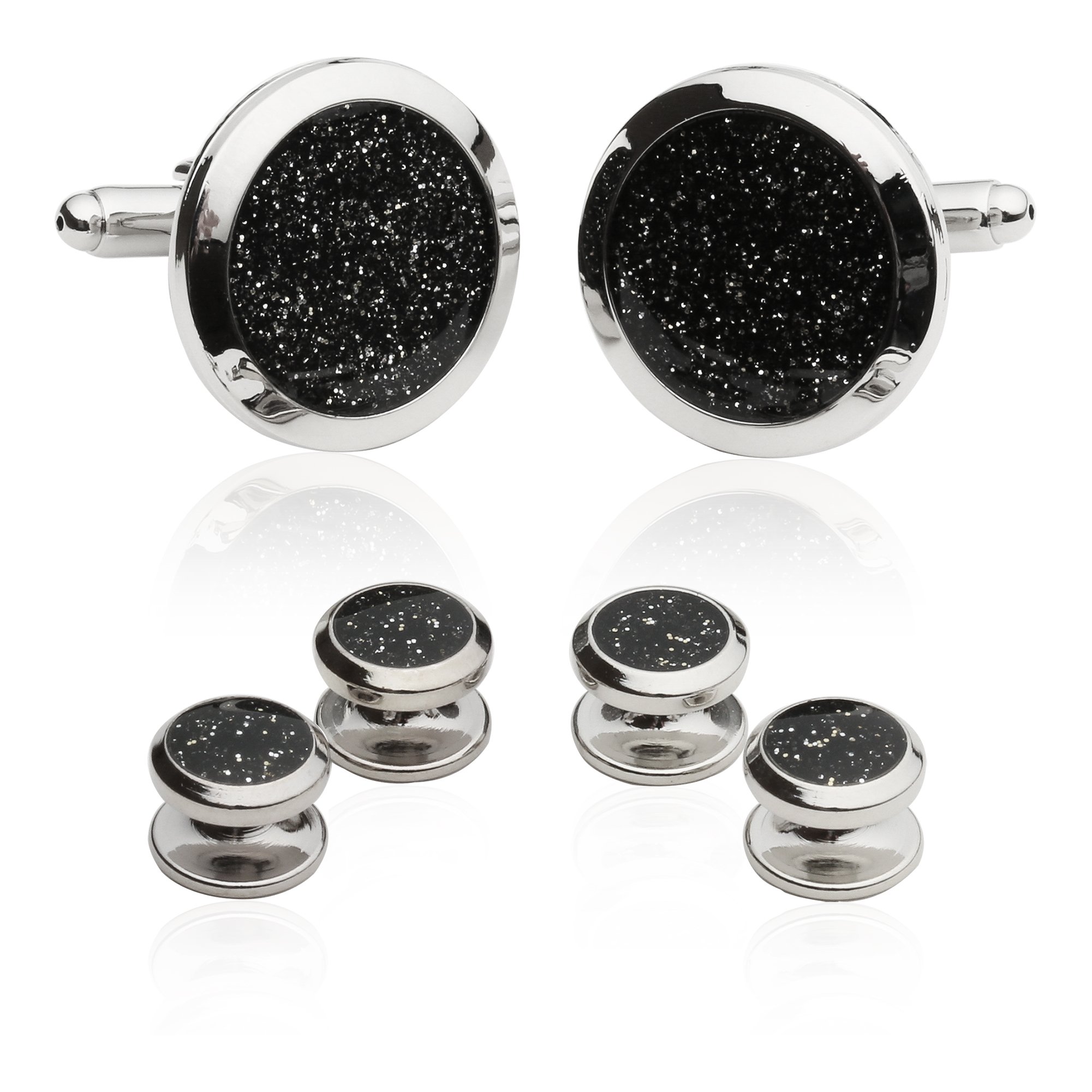 Cuff-Daddy Men's Black Diamond Dust Tuxedo Cuff Links and Studs Set with Presentation Jewelry Idea Box - 7/8" cufflinks, 3/8" studs - Business Attire Cufflinks & Shirt Accessories Special