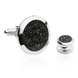 Cuff-Daddy Men's Black Diamond Dust Tuxedo Cuff Links and Studs Set with Presentation Jewelry Idea Box - 7/8" cufflinks, 3/8" studs - Business Attire Cufflinks & Shirt Accessories Special