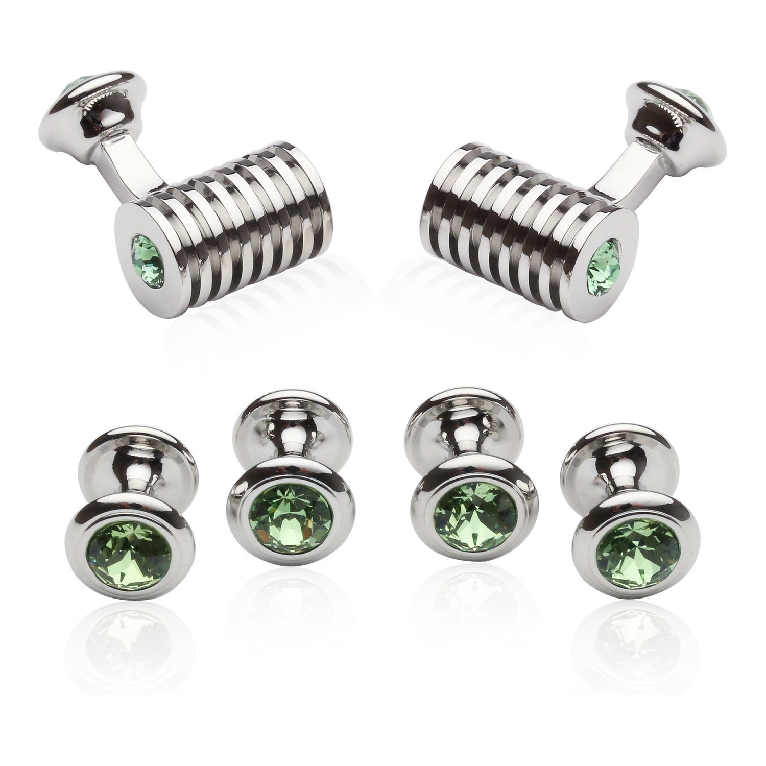 Cuff-Daddy Silver Peridot Green Crystal Barrel Formal Set Tuxedo Cufflinks Studs with Presentation Box