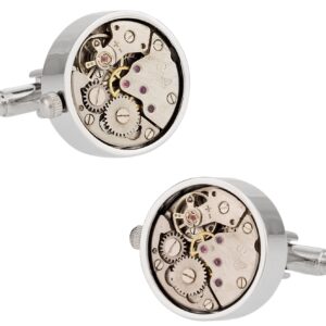 Working Watch Movement Steampunk Cufflinks with Glass Cover - Silver Clock Cuff Links Special Occasions Cufflinks Travel Box in with Travel Jewelry Presentation Box