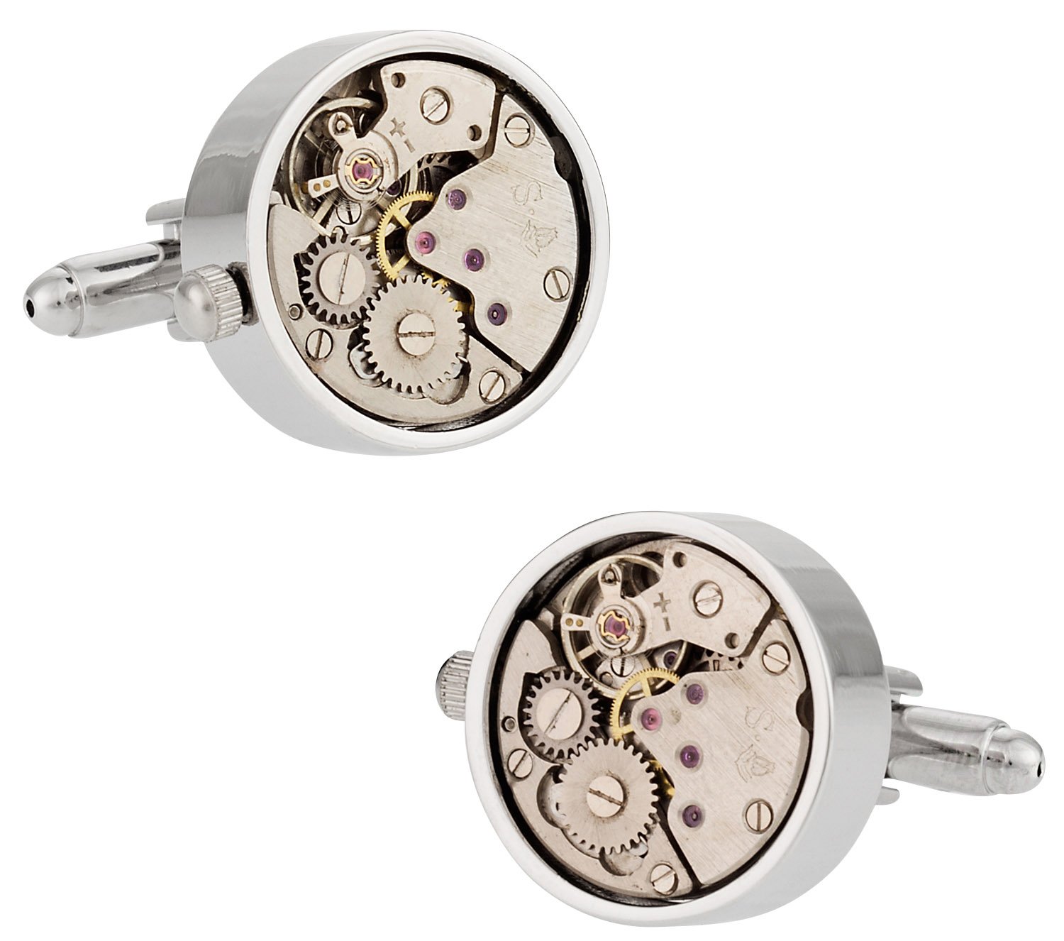 Working Watch Movement Steampunk Cufflinks with Glass Cover - Silver Clock Cuff Links Special Occasions Cufflinks Travel Box in with Travel Jewelry Presentation Box