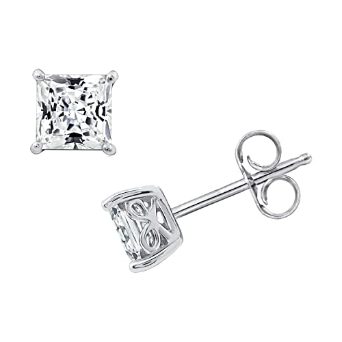 Amazon Essentials Platinum Plated Sterling Silver Stud Earrings set with Princess Brilliant Cut Infinite Elements Cubic Zirconia (1 cttw), (previously Amazon Collection)