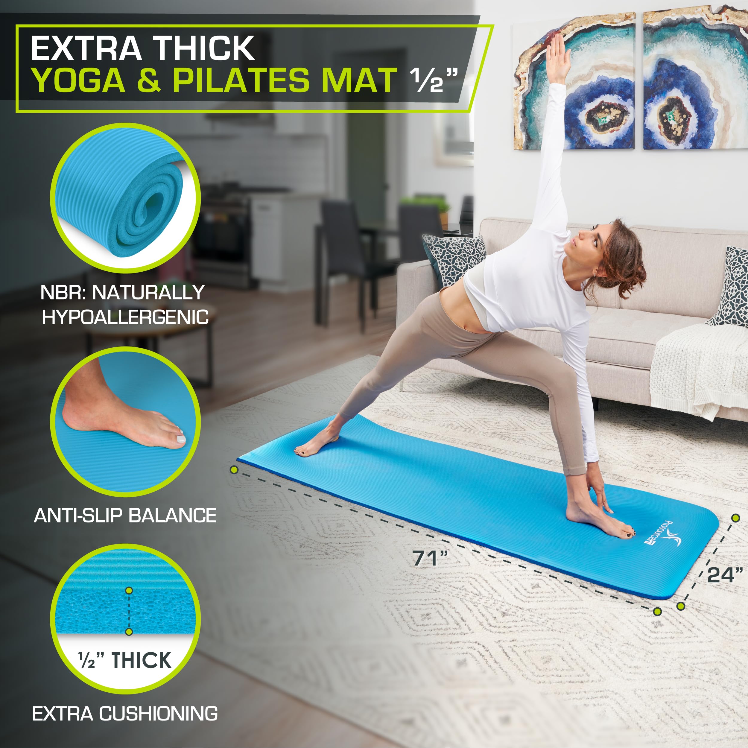 ProsourceFit Extra Thick Yoga and Pilates Mat ½” (13mm), 71-inch Long High Density Exercise Mat with Comfort Foam and Carrying Strap