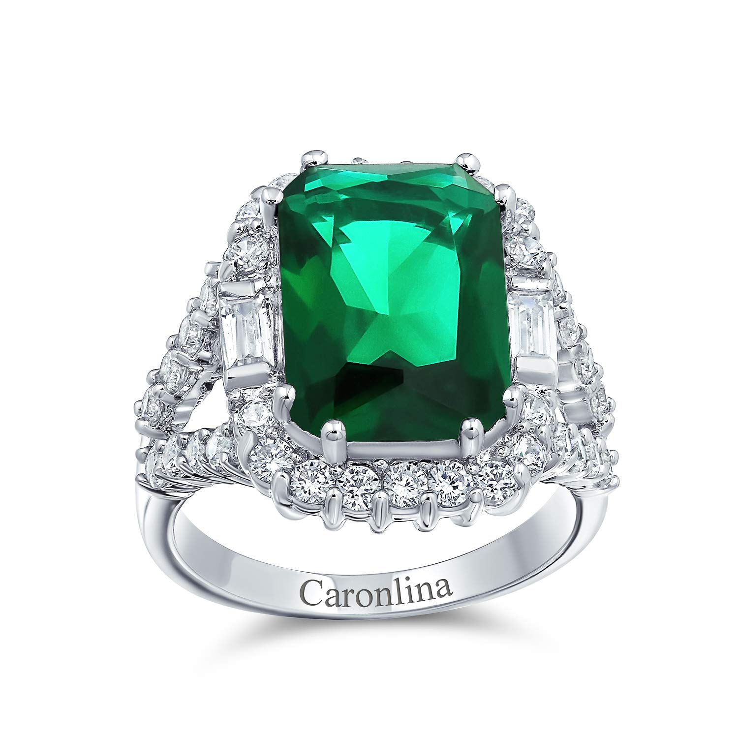 Bling Jewelry 7CT Cubic Zirconia CZ Pave Rectangle Green Simulated Emerald Cut Statement Fashion Ring For Women Silver Plated Brass