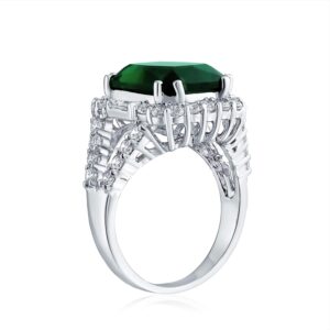 Bling Jewelry 7CT Cubic Zirconia CZ Pave Rectangle Green Simulated Emerald Cut Statement Fashion Ring For Women Silver Plated Brass