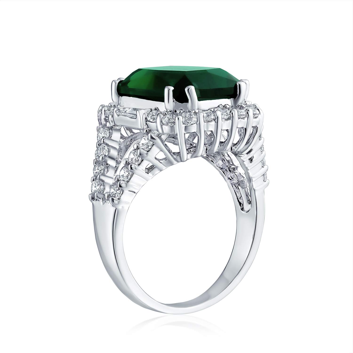 Bling Jewelry 7CT Cubic Zirconia CZ Pave Rectangle Green Simulated Emerald Cut Statement Fashion Ring For Women Silver Plated Brass