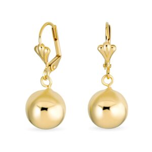 classic elegant simple round light weight dangle lever back drop ball earrings for women polished yellow 18k gold plated brass 12mm