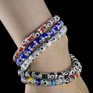 JEWELRIESHOP Turkish Evil Eye Bracelet Murano Glass Beads Beaded Clear Crystal Spacer Bracelet for Women (6mm Multi-Color Eye Beads)