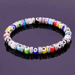 JEWELRIESHOP Turkish Evil Eye Bracelet Murano Glass Beads Beaded Clear Crystal Spacer Bracelet for Women (6mm Multi-Color Eye Beads)