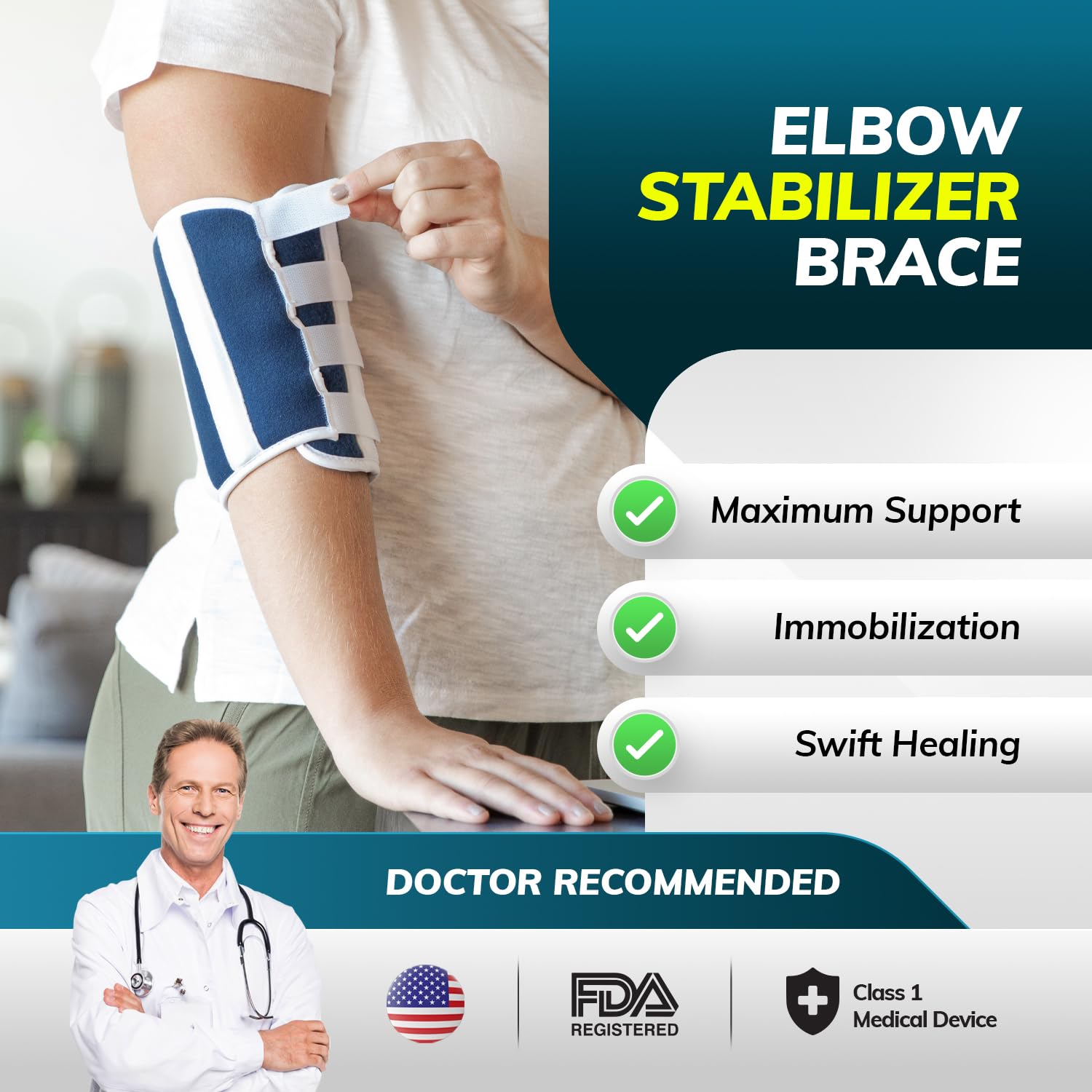 BraceAbility Elbow Stabilizer Brace | Elbow Immobilizer Splint & Arm Straightener for Sleeping at Night to Treat Inflammation, Injuries, Fractures, Cubital Tunnel & Ulnar Nerve Pain (Medium)