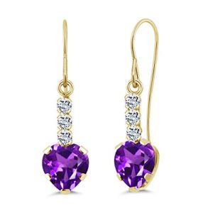 Gem Stone King 14K Yellow Gold Purple Amethyst and White Topaz French Wire Dangle Hook Earrings For Women (1.72 Cttw, Gemstone February Birthstone, Heart Shape 6MM)