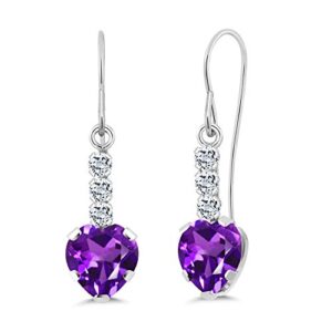 Gem Stone King 14K White Gold Purple Amethyst and White Topaz French Wire Dangle Hook Earrings For Women (1.72 Cttw, Gemstone February Birthstone, Heart Shape 6MM)