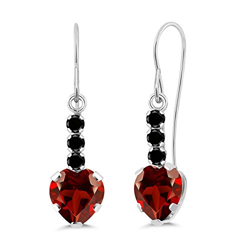 Gem Stone King 14K White Gold Red Garnet and Black Diamond French Wire Dangle Hook Earrings For Women (2.00 Cttw, Gemstone January Birthstone, Heart Shape 6MM)