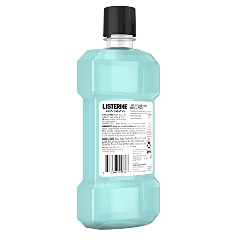 Listerine Mouthwash, Zero Alcohol, Germ Killing, Less Intense Formula, Bad Breath Treatment, Alcohol Free Mouth Wash for Adults; Cool Mint Flavor, 500 mL (Pack of 6)