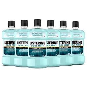 listerine mouthwash, zero alcohol, germ killing, less intense formula, bad breath treatment, alcohol free mouth wash for adults; cool mint flavor, 500 ml (pack of 6)