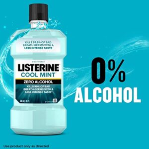 Listerine Mouthwash, Zero Alcohol, Germ Killing, Less Intense Formula, Bad Breath Treatment, Alcohol Free Mouth Wash for Adults; Cool Mint Flavor, 500 mL (Pack of 6)