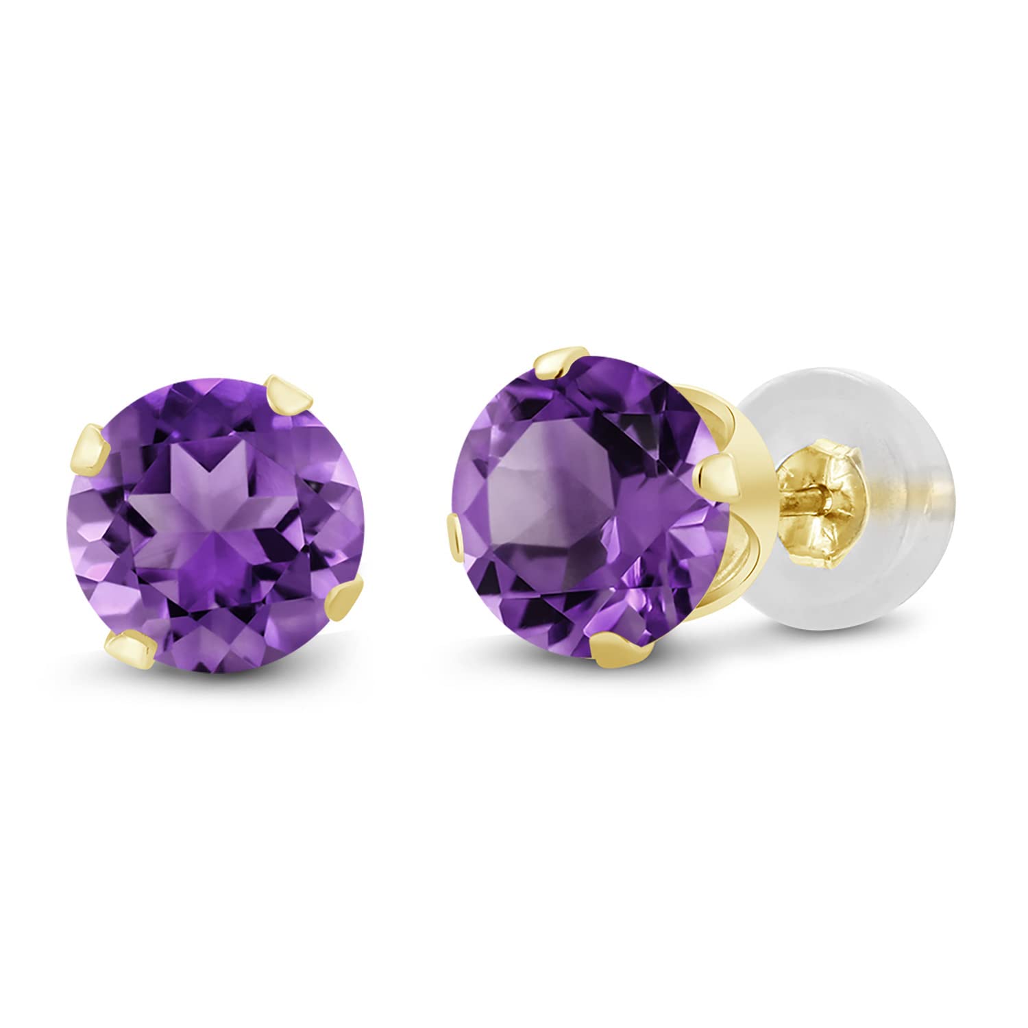 Gem Stone King 14K Yellow Gold Purple Amethyst Stud Earrings | 0.90 Cttw | Gemstone Birthstone | Round 5MM | Gold Earrings For Women