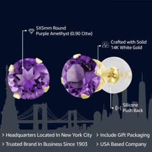 Gem Stone King 14K Yellow Gold Purple Amethyst Stud Earrings | 0.90 Cttw | Gemstone Birthstone | Round 5MM | Gold Earrings For Women