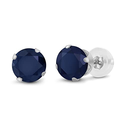 Gem Stone King 14K White Gold Blue Sapphire Earrings | Gemstone September Birthstone | 0.72 Cttw | Round 4MM | White Gold Stud Earrings For Women