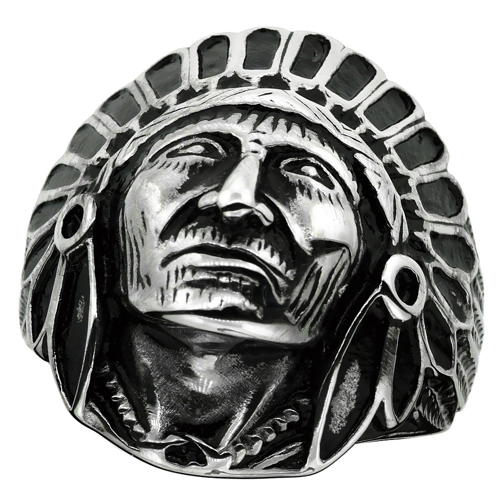 Surgical Stainless Steel Biker Ring Indian Chief Head 1 3/16 inch wide, size 9.5