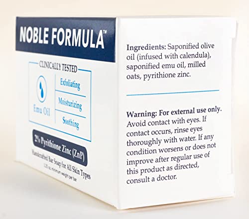 Noble Formula 2% Pyrithione Zinc (ZnP) Emu Oil Bar Soap, Especially Formulated for Acne, Psoriasis, and Eczema, Safe for Daily Use and All Skin Types, 3.25 oz