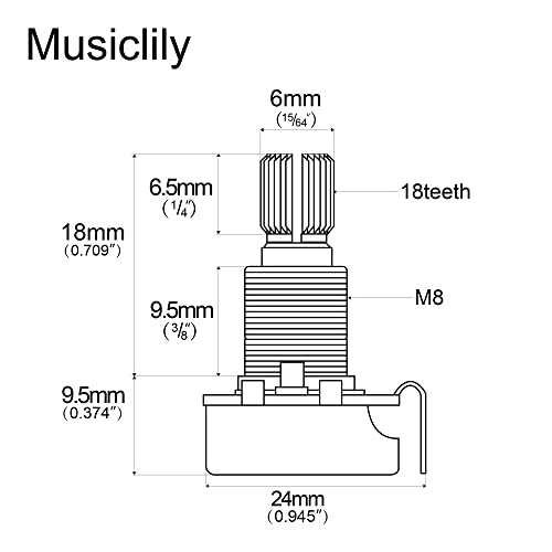 Musiclily Guitar Mini Size Pots B500K Split Knurled Long Split 18mm Shaft Linear Taper Potentiometers for Stratocaster and Telecaster Guitar Bass Parts(Pack of 2)