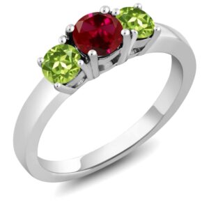 gem stone king red created ruby and green peridot 925 sterling silver 3-stone women's ring (1.20 cttw round cut) (size 6)