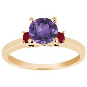 gem stone king 18k yellow gold plated silver purple amethyst and red ruby 3-stone engagement ring for women (0.99 cttw, round 6mm, gemstone february birthstone, size 7)