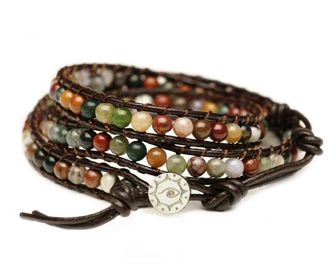 BLUEYES COLLECTION "Hot Mix Color India Agate Stainless Steel Snap Button Lock Genuine Leather Bracelet