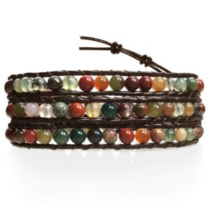 BLUEYES COLLECTION "Hot Mix Color India Agate Stainless Steel Snap Button Lock Genuine Leather Bracelet